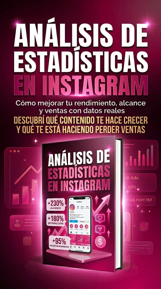Libro digital sobre análisis de estadísticas en Instagram, muestra una pantalla con gráficos y datos para mejorar rendimiento y alcance.