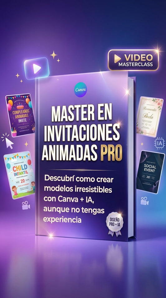 Libro digital de invitaciones animadas PRO con ejemplos visuales y diseños creativos para crear invitaciones con Canva e IA.