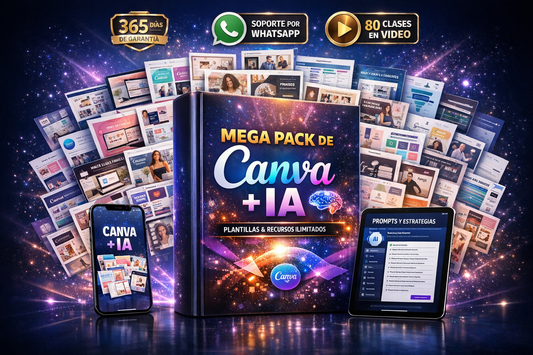 Mockup del megapack de Canva, IA y 8 bonos de mi tiendita, mostrando ejemplos de diseños y recursos digitales en pantalla.